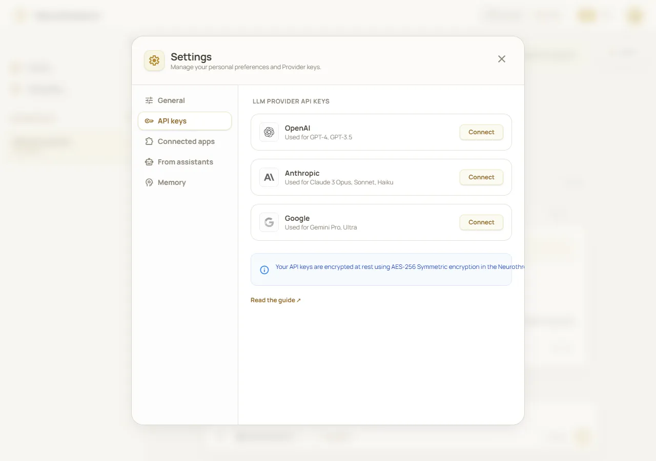 Neurothread API keys tab listing OpenAI, Anthropic, and Google provider connection controls without revealing secrets