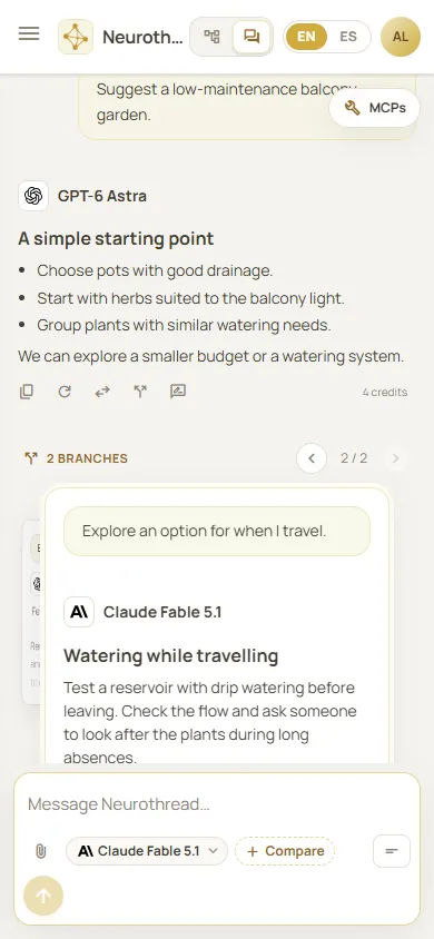 Neurothread mobile Chat showing the conversation and message composer in a narrow phone layout