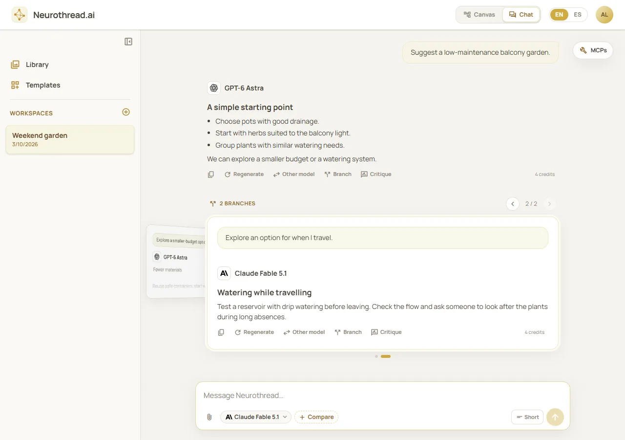 Neurothread desktop Chat showing a conversation path with model answers and a message composer
