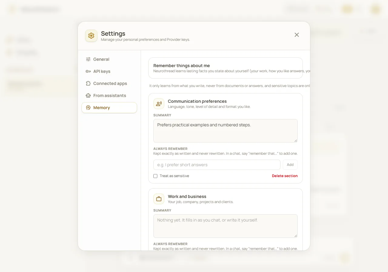 Neurothread Memory settings showing the remember switch and saved communication preferences for review
