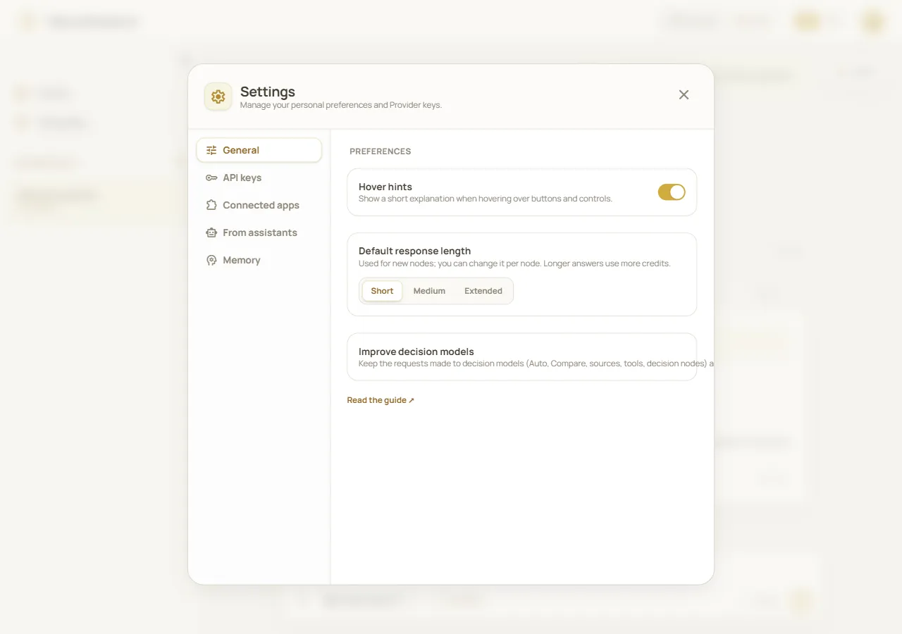 Neurothread Settings modal with the General tab and account preference controls
