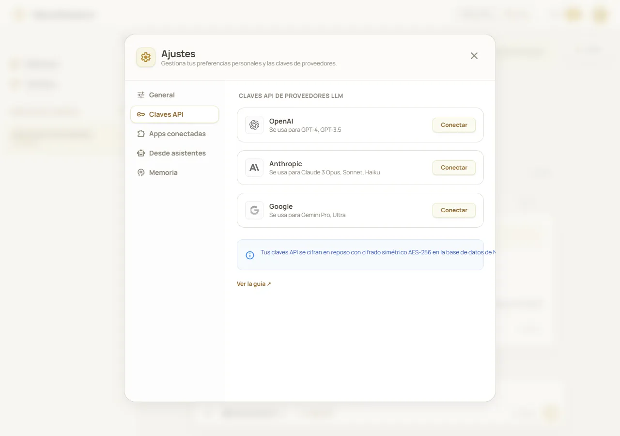 Pestaña Claves API de Neurothread con controles de conexión para OpenAI, Anthropic y Google sin mostrar secretos