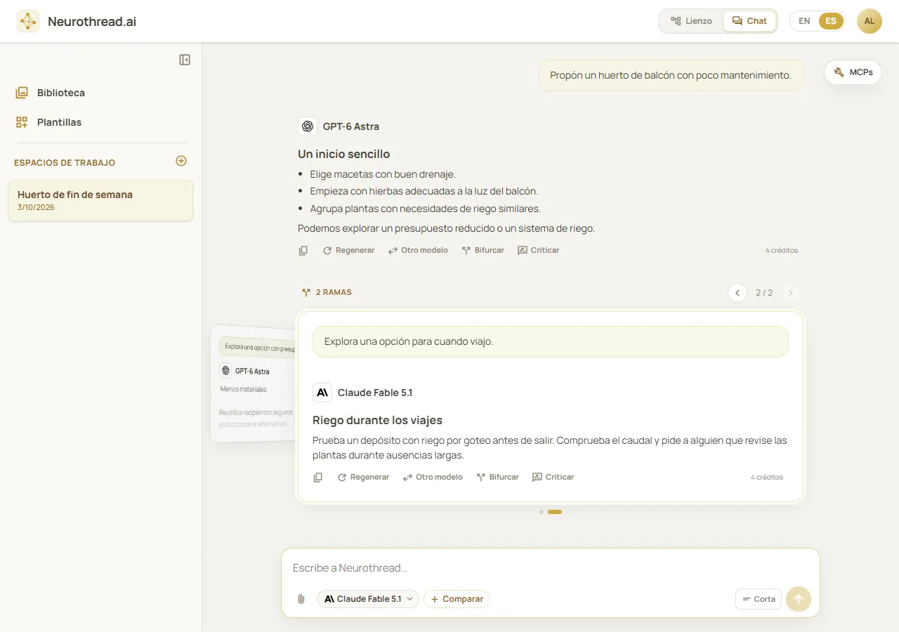 Chat de Neurothread en escritorio con una ruta de conversación, respuestas de modelos y el campo para escribir mensajes