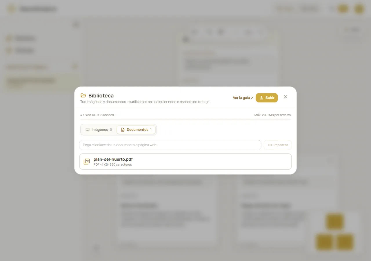 Biblioteca de Neurothread con las pestañas Imágenes y Documentos y archivos subidos disponibles para reutilizar