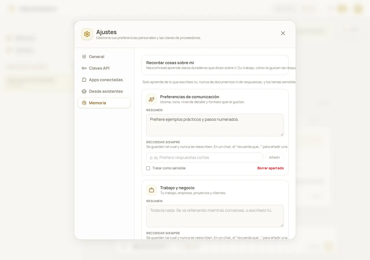 Ajustes de Memoria de Neurothread con el interruptor para recordar y las preferencias de comunicación guardadas para revisar
