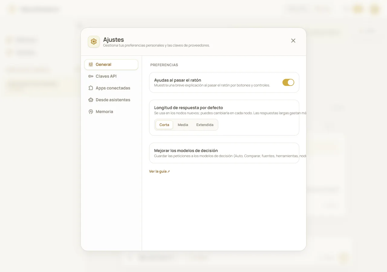 Modal de Ajustes de Neurothread con la pestaña General y los controles de preferencias de la cuenta